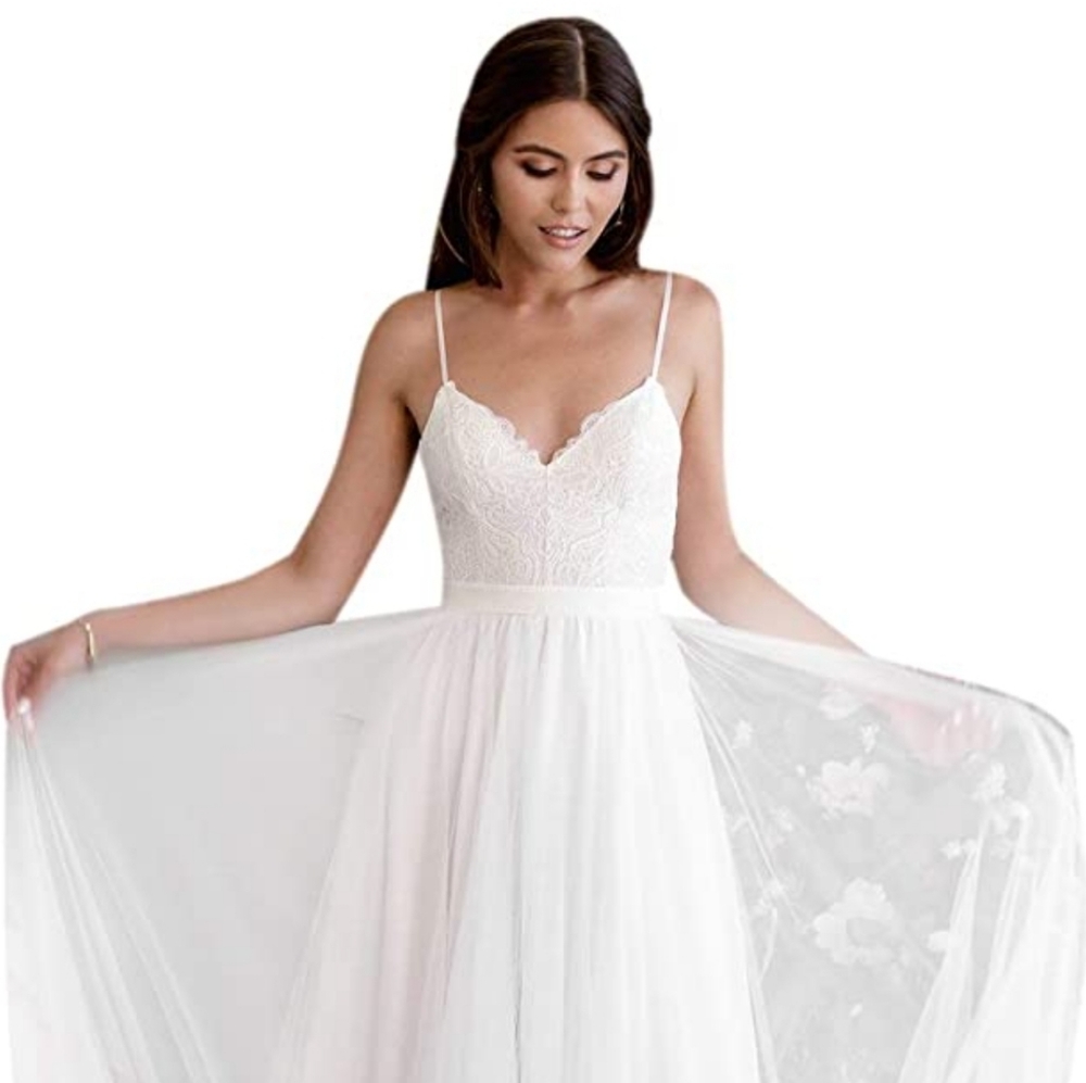 V Neck Ivory Wedding Dress (XL)